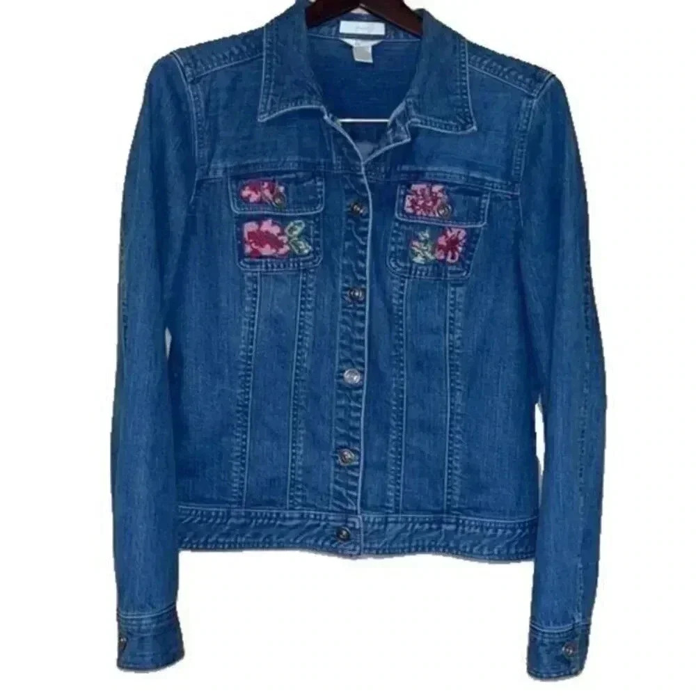 Christopher & Banks Denim Jean Jacket with Embroidered Chest Pockets Size M